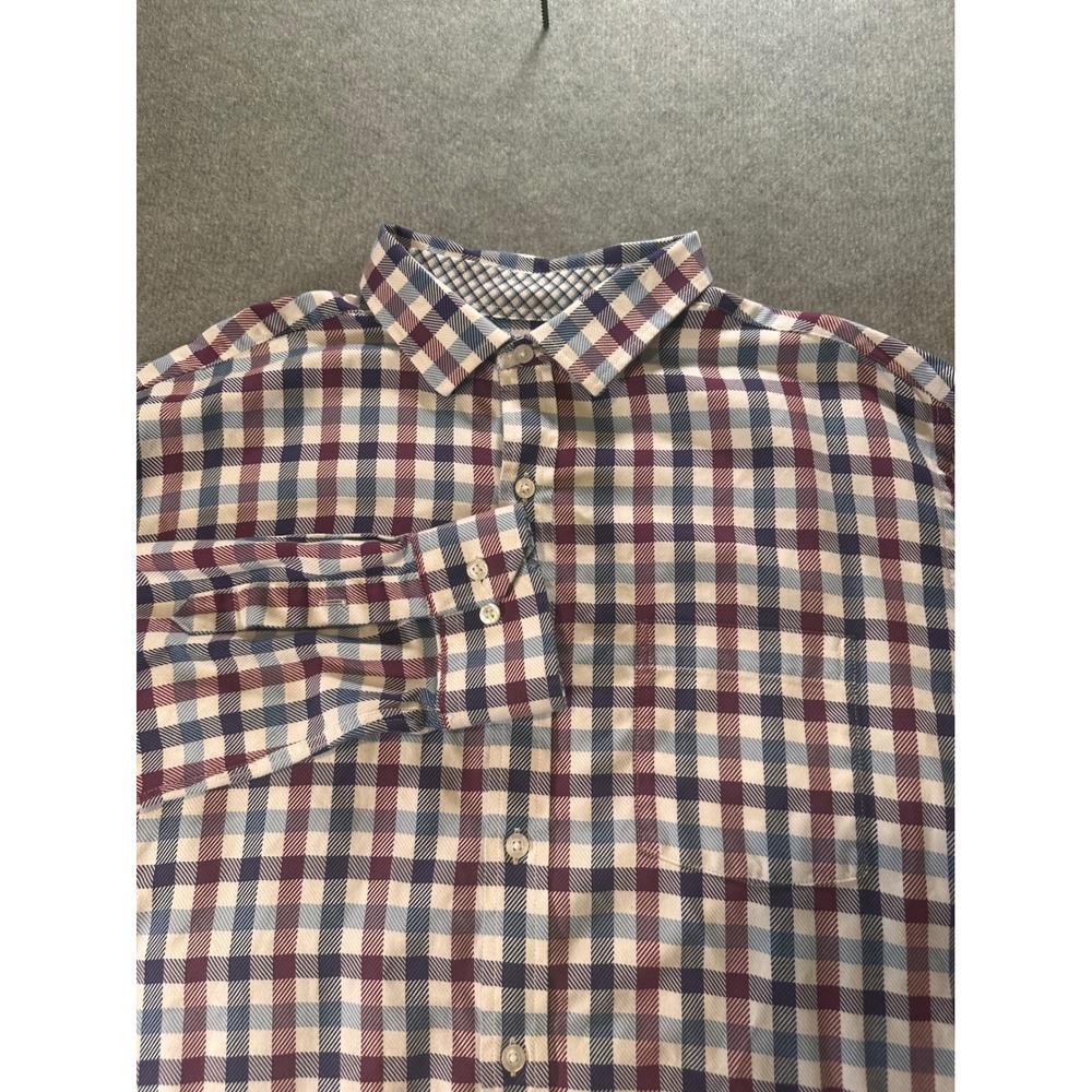 Johnston &Murphy Mens XL Gingham Button Up Shirt Burgundy Blue Check Long Sleeve